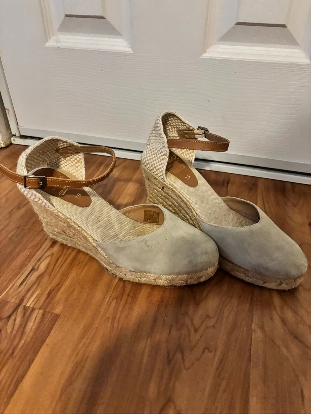 Neutral Cream Suede Espadrille Wedge Sandals with Ankle Strap